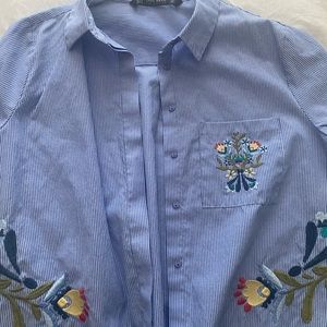 Striped short sleeve zara top with embroidery
